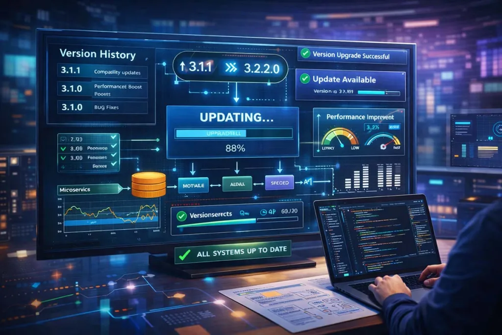 Digital interface showing version updates, performance improvements, and system upgrades illustrating how HCS 411GITS software is built and maintained over time