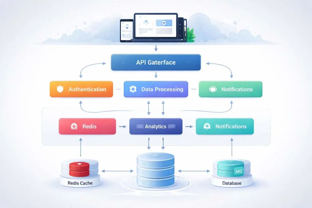 Diagram showing how mogothrow77 software is built with API gateway microservices data processing caching and database system flow