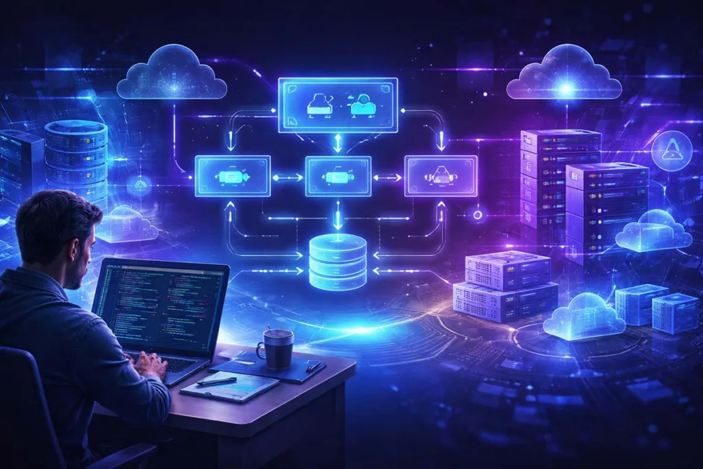 Visual representation of how mogothrow77 software is built showing microservices architecture APIs cloud infrastructure and database system workflow