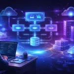 Visual representation of how mogothrow77 software is built showing microservices architecture APIs cloud infrastructure and database system workflow