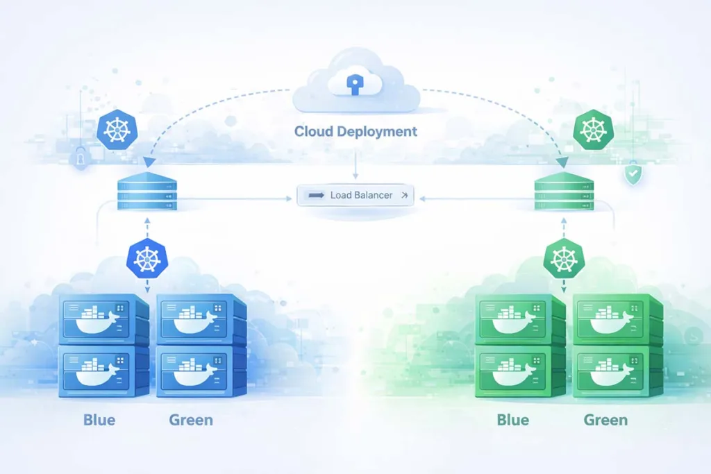 Illustration showing how mogothrow77 software is built using cloud infrastructure with containers load balancing and deployment environments