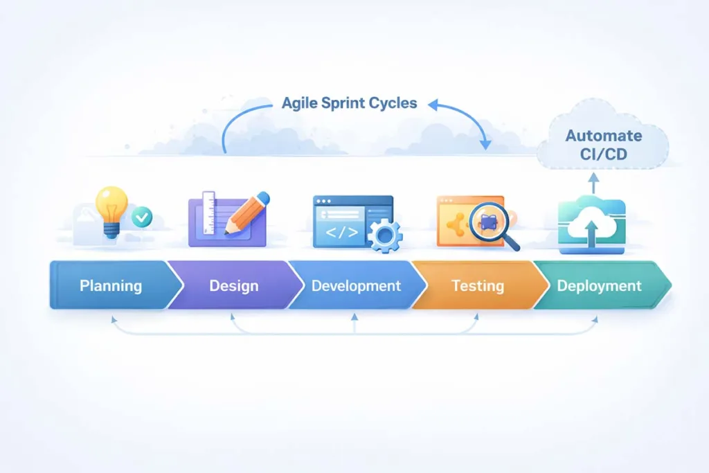 Flowchart showing how mogothrow77 software is built with planning design development testing and deployment using agile sprint cycles and CI CD automation
