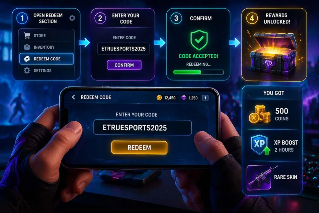 Step by step screen showing how to redeem etruesports codes with code entry, confirmation, and rewards like coins XP boosts and skins displayed