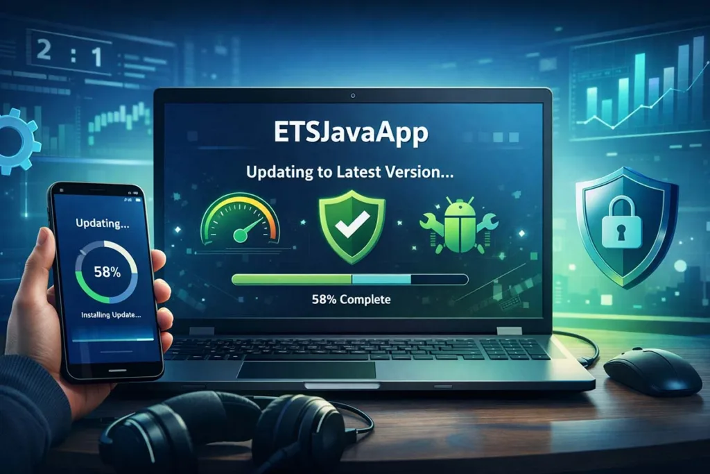 How to update ETSJavaApp by Etruesports shown on laptop and smartphone with update progress, security icons, and performance indicators