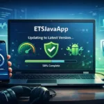 How to update ETSJavaApp by Etruesports shown on laptop and smartphone with update progress, security icons, and performance indicators