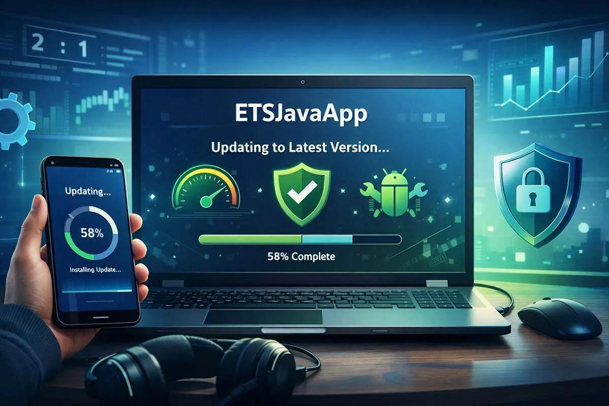 How to update ETSJavaApp by Etruesports shown on laptop and smartphone with update progress, security icons, and performance indicators