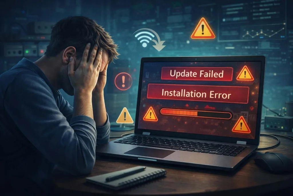 How to update ETSJavaApp by Etruesports showing update error screen with failed installation warning slow connection and troubleshooting indicators on laptop