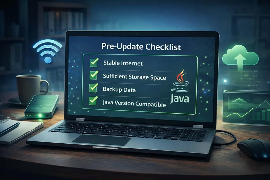 How to update ETSJavaApp by Etruesports showing pre update checklist with stable internet storage backup and Java compatibility on laptop screen