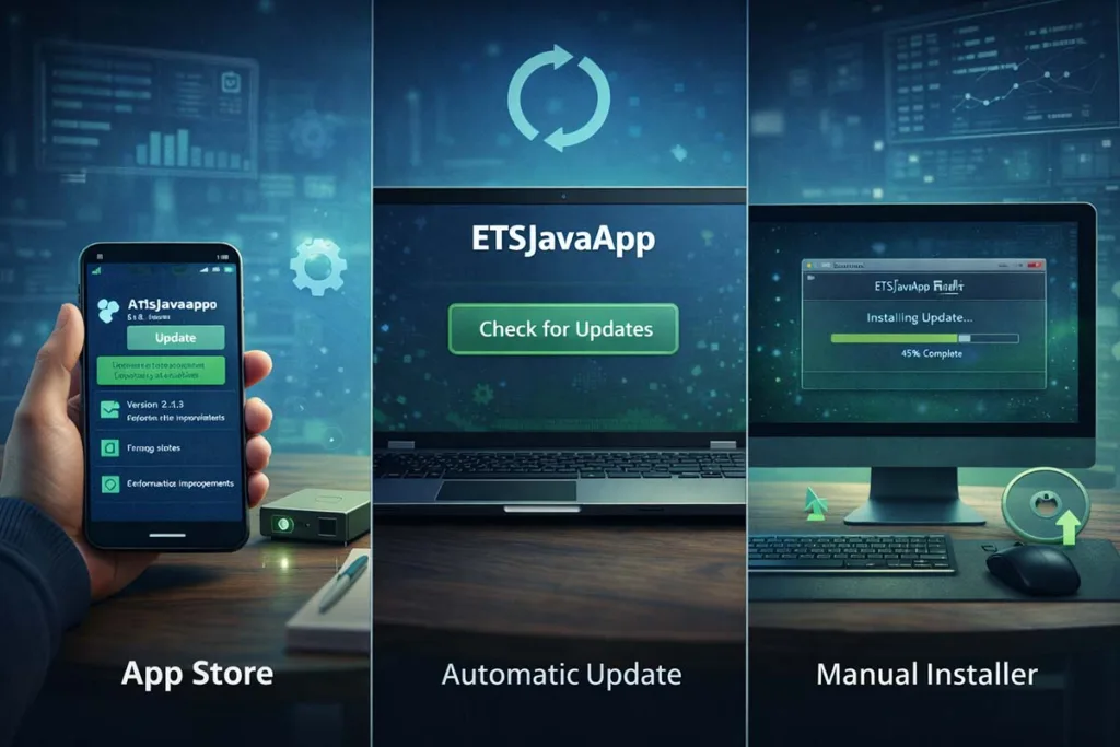How to update ETSJavaApp by Etruesports showing app store automatic update and manual installer methods on mobile laptop and desktop devices