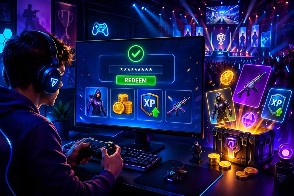 Gamer redeeming latest etruesports codes on screen with in-game rewards like skins, coins, and XP boosts in a futuristic esports setup
