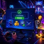 Gamer redeeming latest etruesports codes on screen with in-game rewards like skins, coins, and XP boosts in a futuristic esports setup