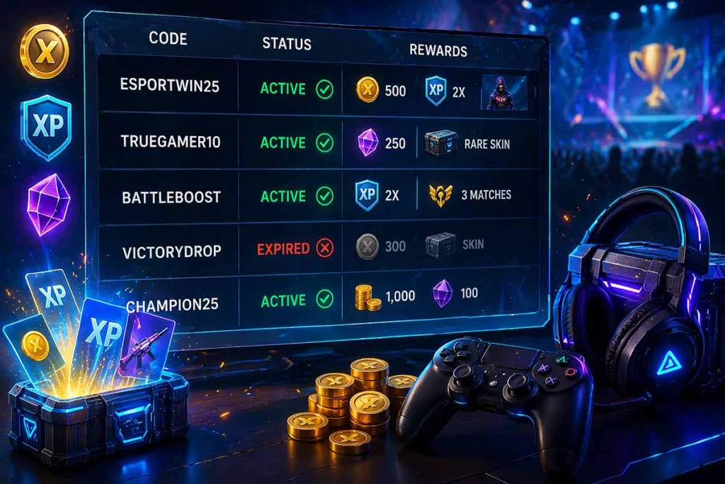 Gaming interface showing latest etruesports codes with active and expired status, displaying rewards like coins, XP boosts, and skins in a futuristic setup