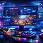 Gaming setup showing gaming news etruesports with live updates match results patch notes and esports dashboard on screen