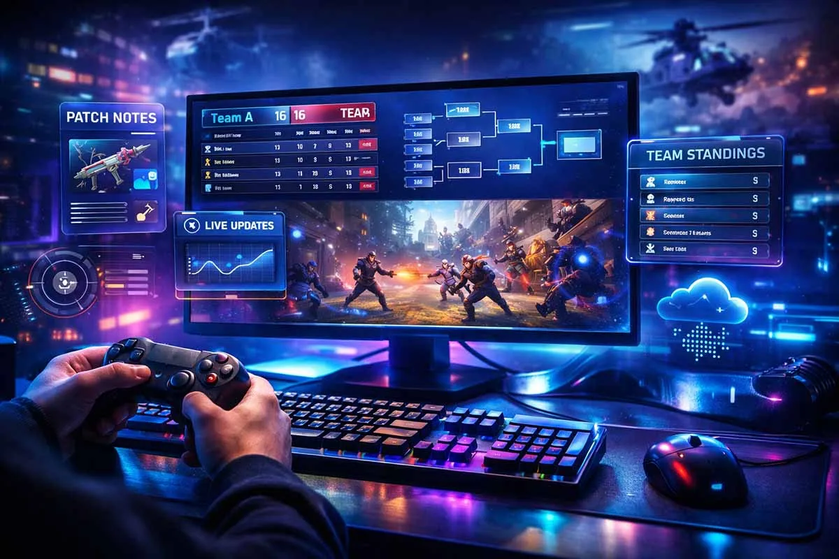 Gaming setup showing gaming news etruesports with live updates match results patch notes and esports dashboard on screen