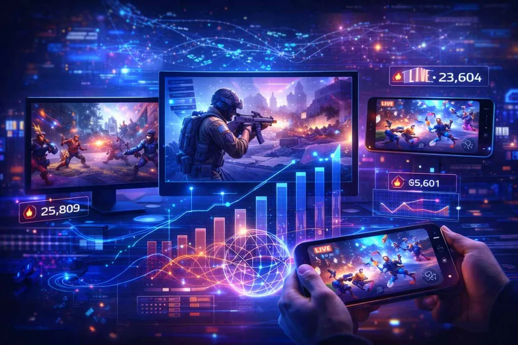 Futuristic screens showing gaming news etruesports with live esports matches viewer stats cloud gaming growth and real time analytics dashboards
