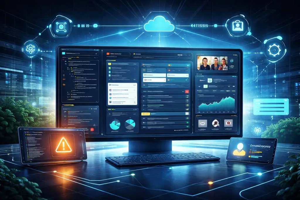 Futuristic new software 418dsg7 dashboard showing workflow automation, real-time collaboration, analytics charts, and code integration interface