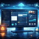 Futuristic new software 418dsg7 dashboard showing workflow automation, real-time collaboration, analytics charts, and code integration interface