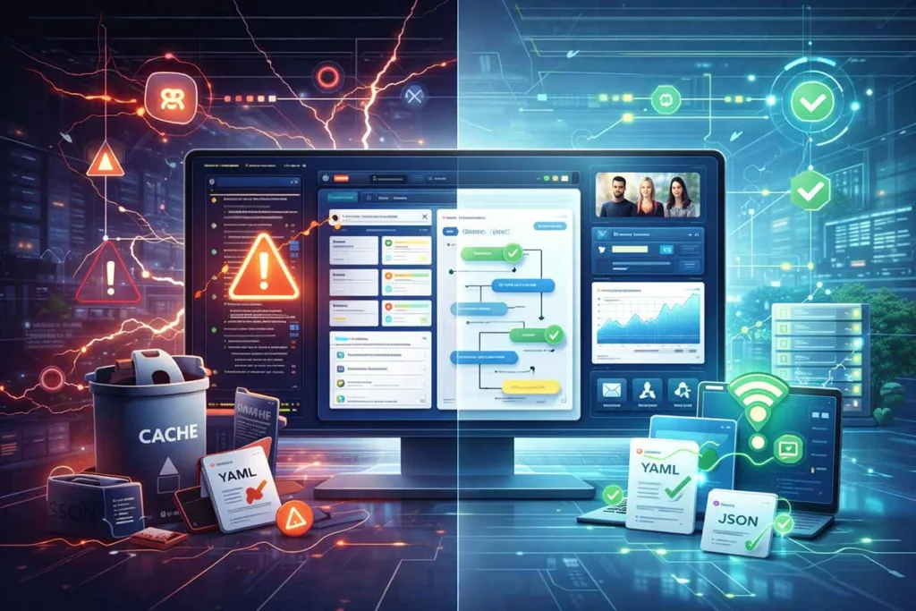 Split screen of new software 418dsg7 showing errors like broken workflows and cache issues on one side and optimized automation with smooth performance on the other