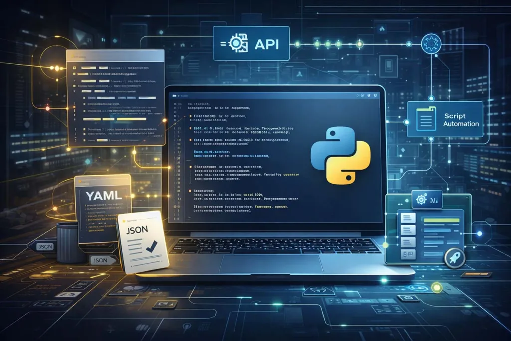Developer workspace showing new software 418dsg7 with Python code, JSON and YAML files, API connections, and automation scripts in a modern setup