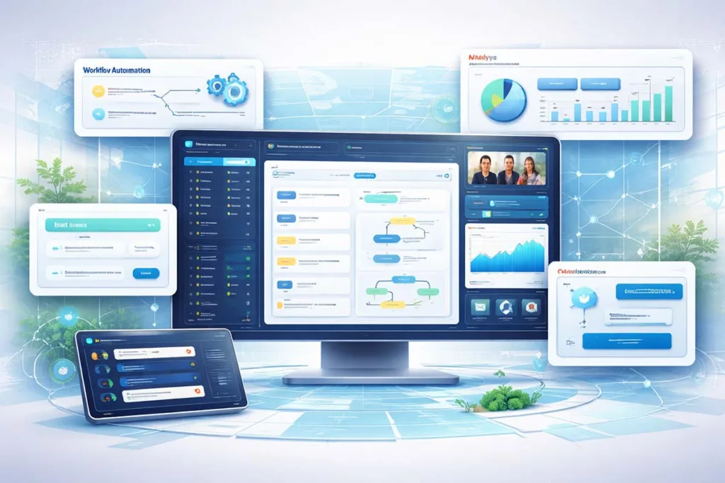Clean interface of new software 418dsg7 showing workflow automation, task management panels, analytics charts, and real-time collaboration features