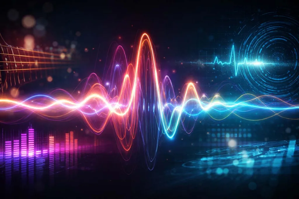 Pulsamento illustration featuring glowing waveform, heartbeat pulse, music rhythm, and digital oscillation patterns in a futuristic design