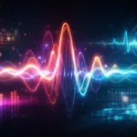 Pulsamento illustration featuring glowing waveform, heartbeat pulse, music rhythm, and digital oscillation patterns in a futuristic design