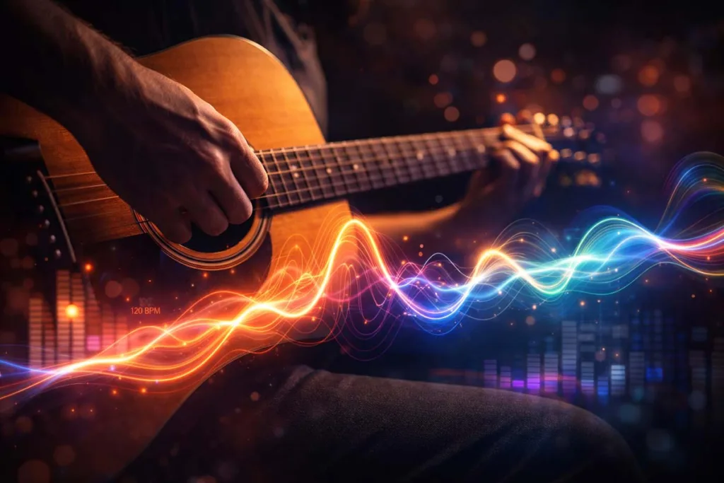 Pulsamento concept showing guitarist playing acoustic guitar with glowing rhythm waves, BPM markers, and musical cadence flow