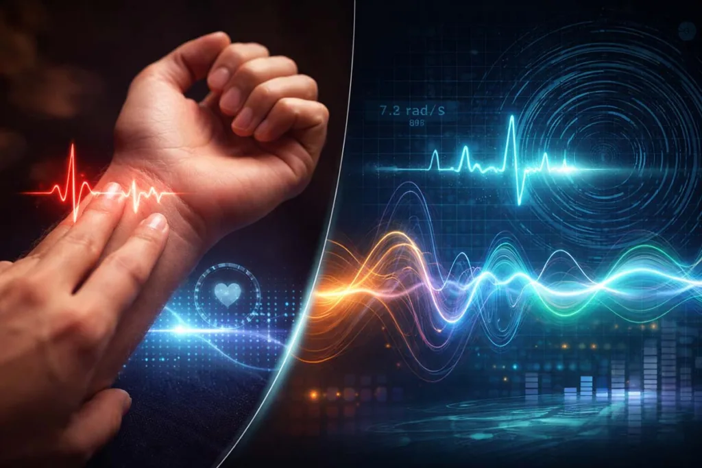 Pulsamento illustration showing human pulse measurement with ECG heartbeat line and digital waveform frequency graphs with rad/s indicators