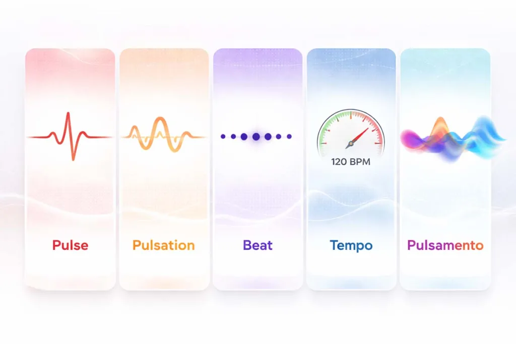 Pulsamento comparison infographic showing pulse heartbeat line, pulsation wave, beat dots, tempo BPM gauge, and pulsamento flowing waveform
