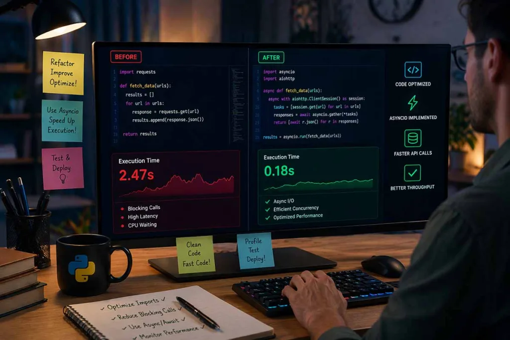 Developer fixing python sdk25.5a burn lag by optimizing code with async processing, reduced execution time, and improved performance metrics