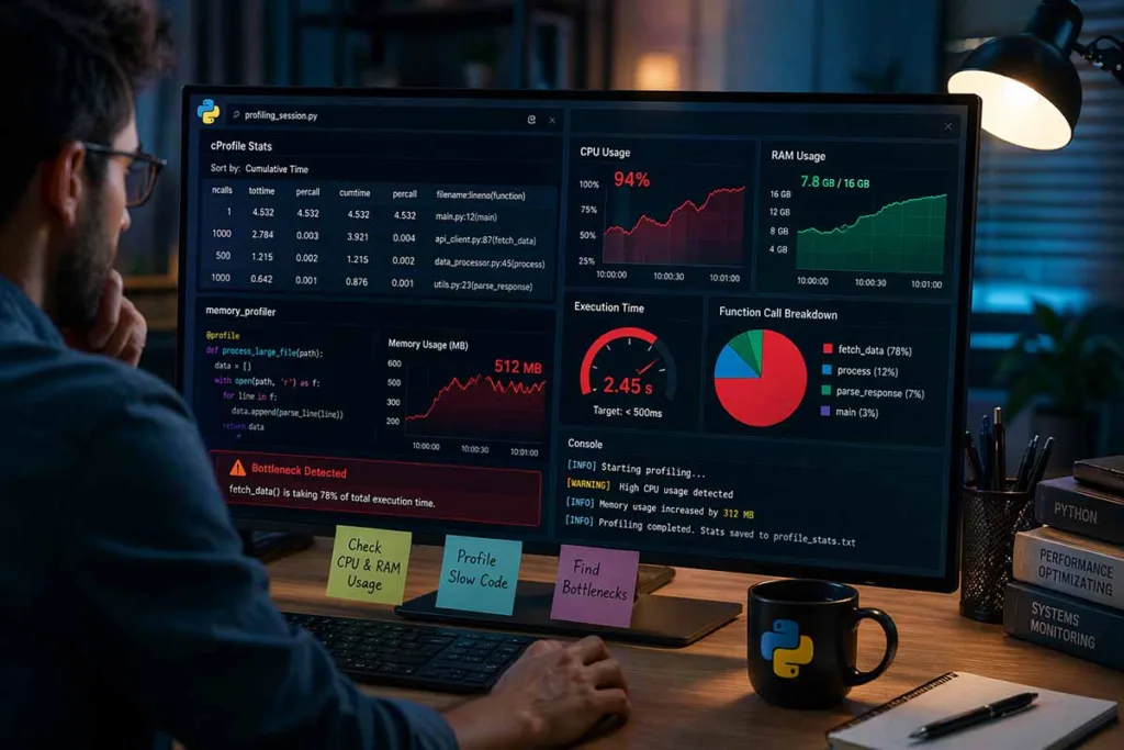 Developer diagnosing python sdk25.5a burn lag using profiling tools with CPU usage, RAM metrics, and execution time analysis on screen