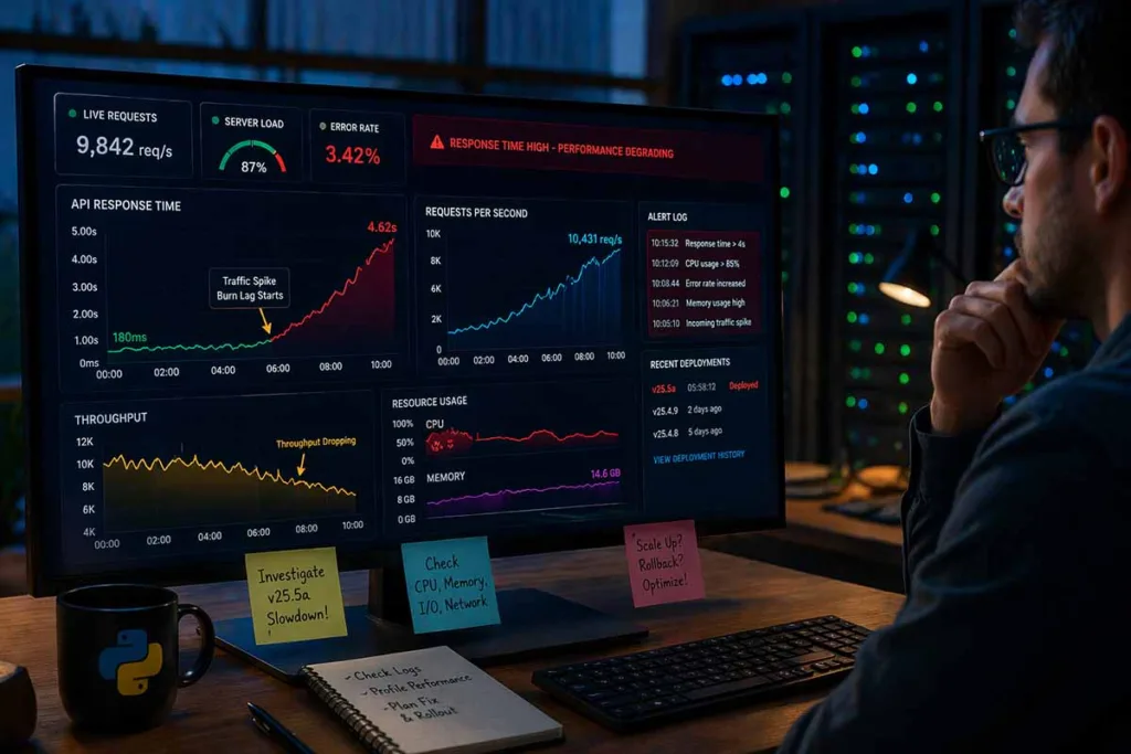 Developer analyzing python sdk25.5a burn lag in production system with server metrics, API response time spikes, CPU usage, and throughput drop on dashboard