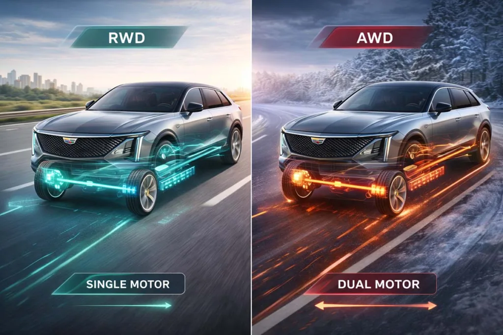 RWD and AWD drivetrain comparison with different energy consumption levels