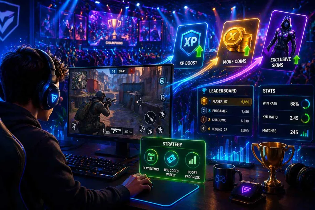 Gamer using etruesports codes during gameplay with XP boosts coins skins and performance stats in a competitive esports setup
