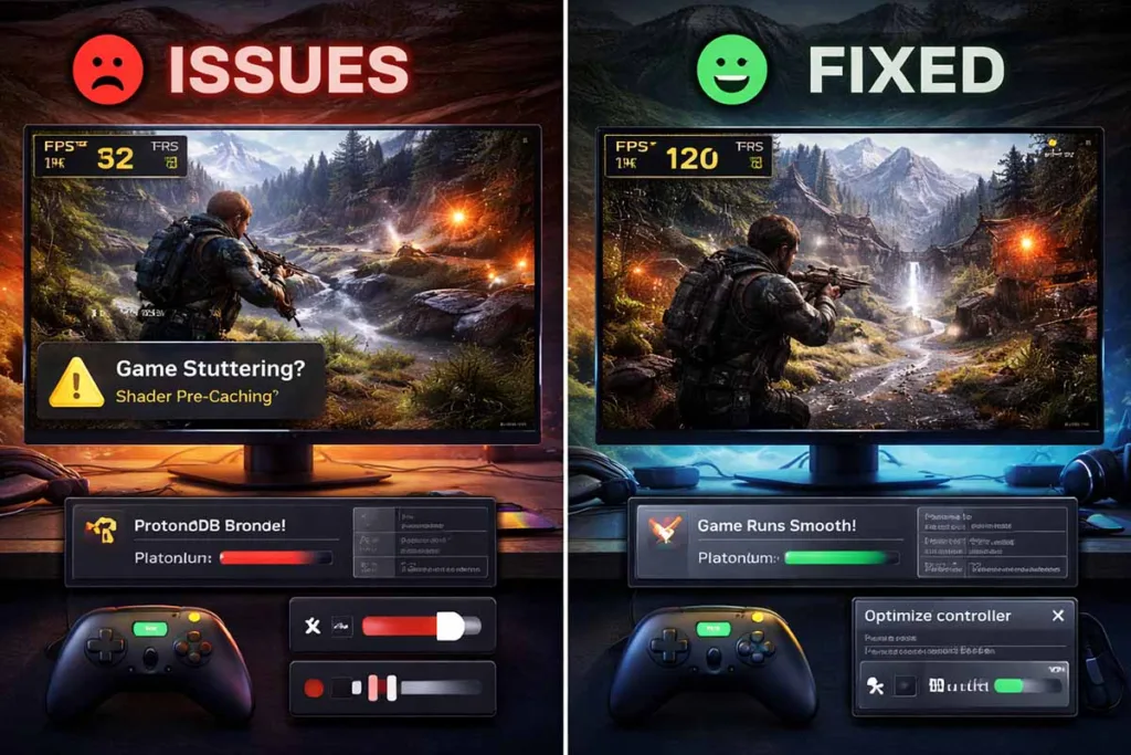 Split screen Linux gaming comparison showing tech hacks pblinuxgaming fixing lag, improving FPS, and delivering smooth gameplay with optimized settings