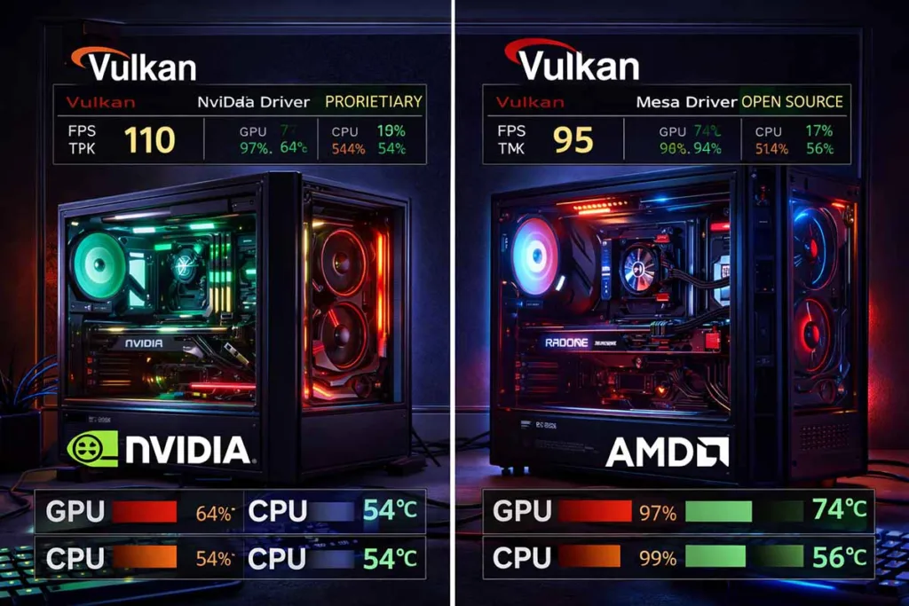 Side by side Linux gaming setup showing tech hacks pblinuxgaming with NVIDIA and AMD GPUs, comparing FPS, GPU usage, and Vulkan performance optimization
