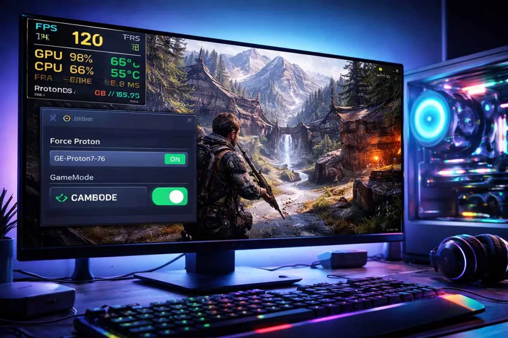 Linux gaming setup showing tech hacks pblinuxgaming with Proton GE enabled, GameMode active, and FPS overlay displaying high performance gameplay
