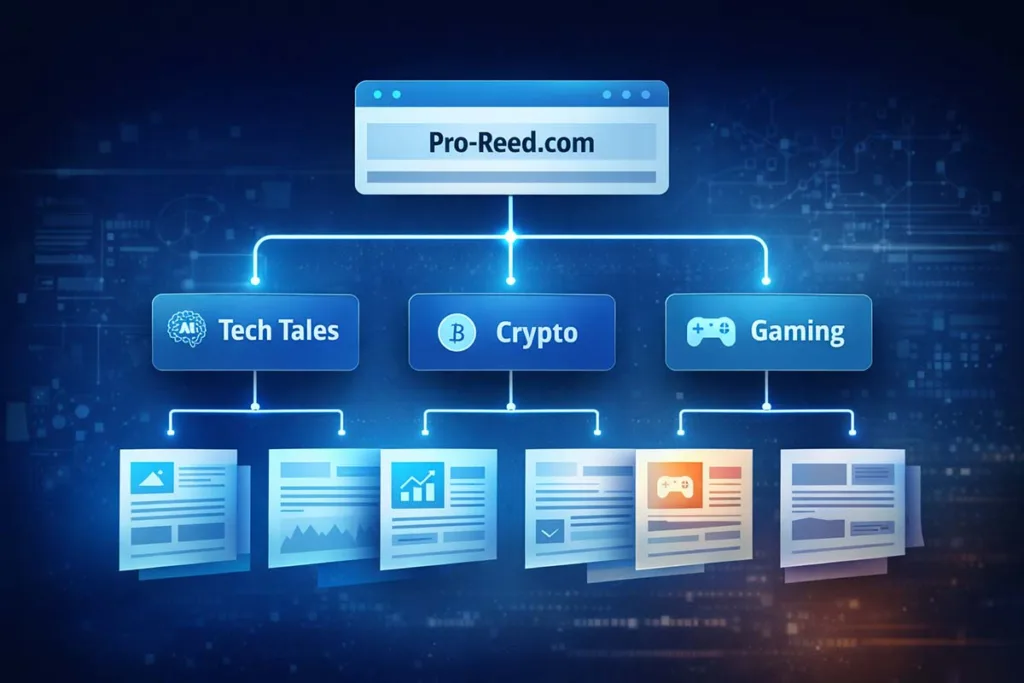 Diagram showing how tech tales pro-reed works within Pro-Reed.com, including categories like tech, crypto, and gaming with organized content sections.