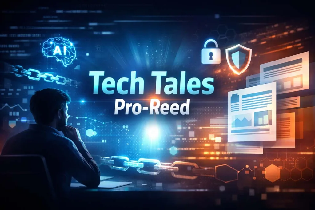 A futuristic digital scene representing tech tales pro-reed, showing AI, blockchain, cybersecurity icons, and a person analyzing tech content on a glowing screen.