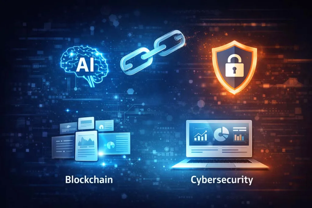 Visual representation of tech tales pro-reed topics including artificial intelligence, blockchain, cybersecurity, and software trends shown with modern tech icons.