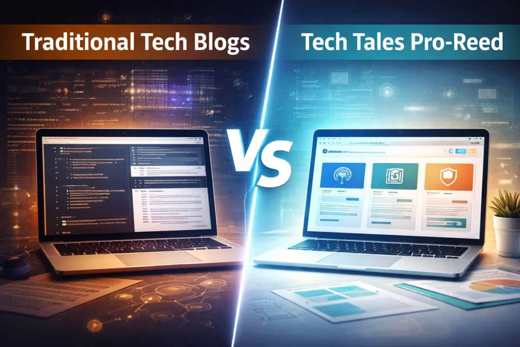 Side-by-side comparison showing tech tales pro-reed with clean, user-friendly content versus traditional tech blogs with complex code and cluttered layouts.