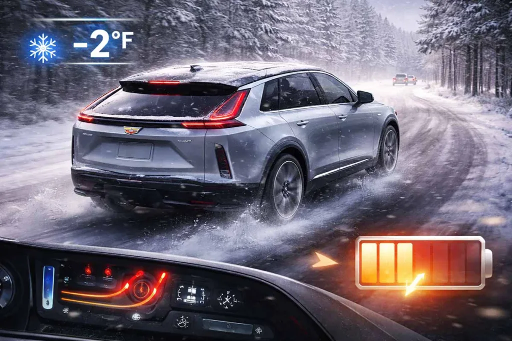 Cadillac Lyriq driving in snow and cold weather affecting battery efficiency