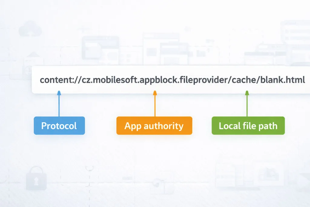 Diagram explaining content://cz.mobilesoft.appblock.fileprovider/cache/blank.html showing protocol, app authority, and local file path components