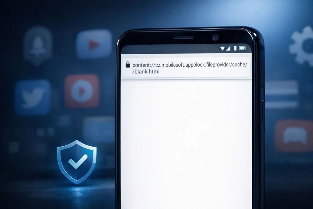 Android smartphone displaying content://cz.mobilesoft.appblock.fileprovider/cache/blank.html with a blank screen and security shield icon indicating safe AppBlock behavior