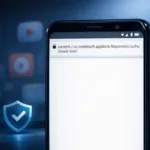 Android smartphone displaying content://cz.mobilesoft.appblock.fileprovider/cache/blank.html with a blank screen and security shield icon indicating safe AppBlock behavior