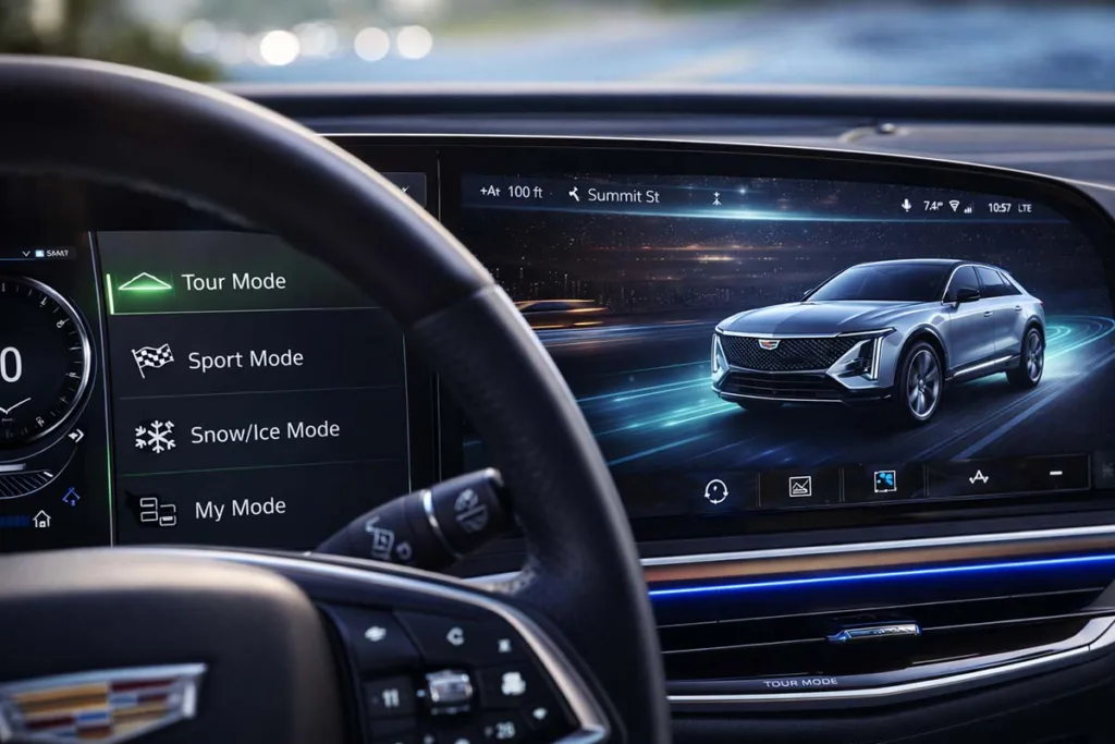 infotainment screen with Tour Sport Snow Ice and My Mode options