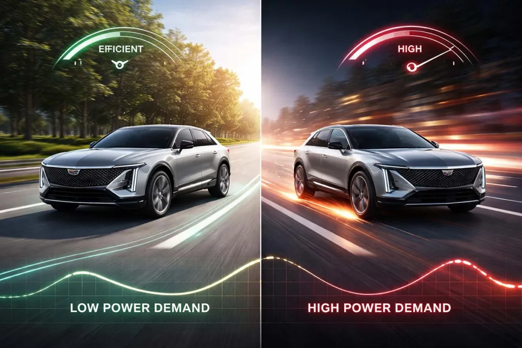comparison of low power demand efficient driving and high battery usage aggressive driving