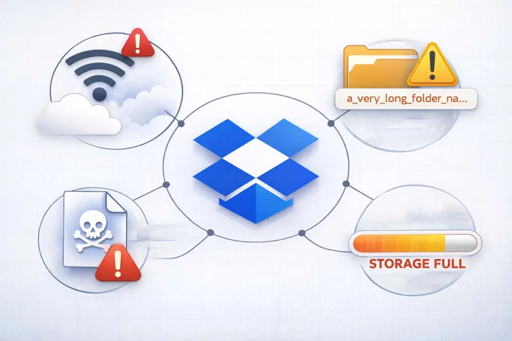 Illustration showing errorcode dropbox 8737.idj.029.22 causes like weak internet connection firewall blocking corrupted files and storage full issues