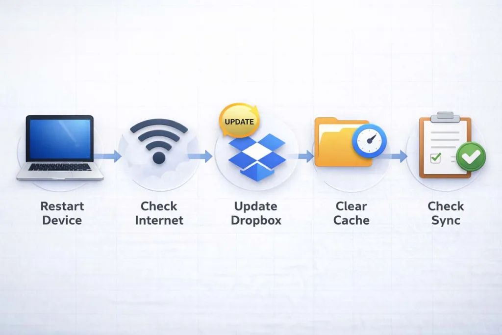 Illustration showing step by step process to fix errorcode dropbox 8737.idj.029.22 including restart device check internet update Dropbox clear cache and sync status check