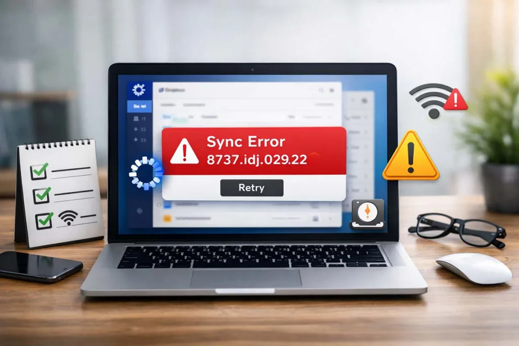 Laptop showing errorcode dropbox 8737.idj.029.22 with sync failure message and troubleshooting setup on desk